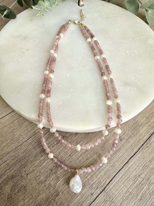 Double Strand Rose Quartz Necklace with Freshwater Pearls & Baroque Pearl Pendant