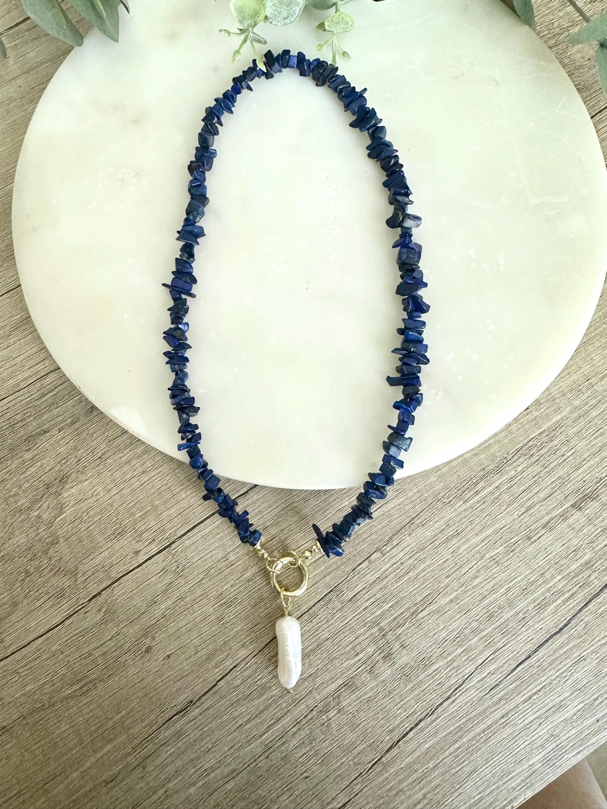 Lapis Lazuli Chip Necklace with Freshwater Pearl Pendant, Blue Gemstone Statement Necklace, Gold Filled 18”