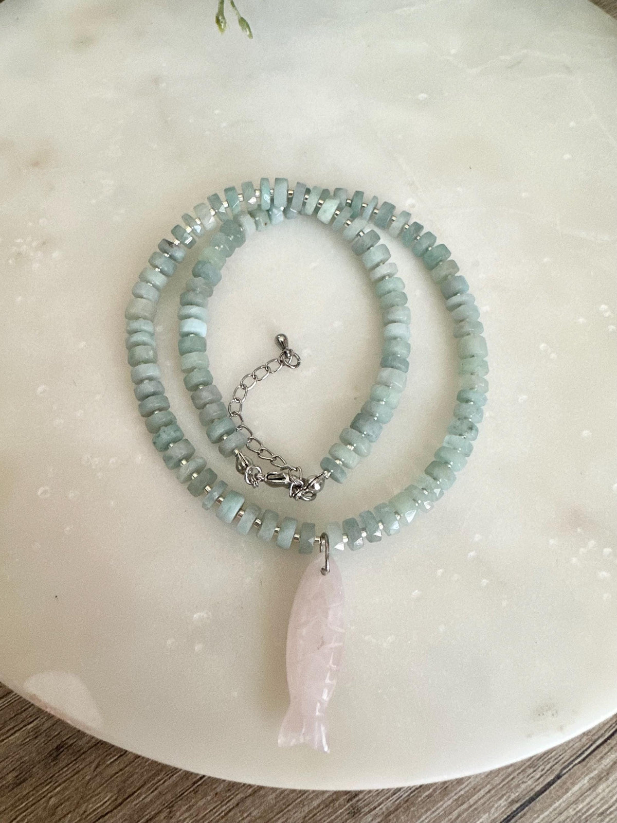 Aquamarine heishi Necklace with Rose Quartz Pendant• Gift for her