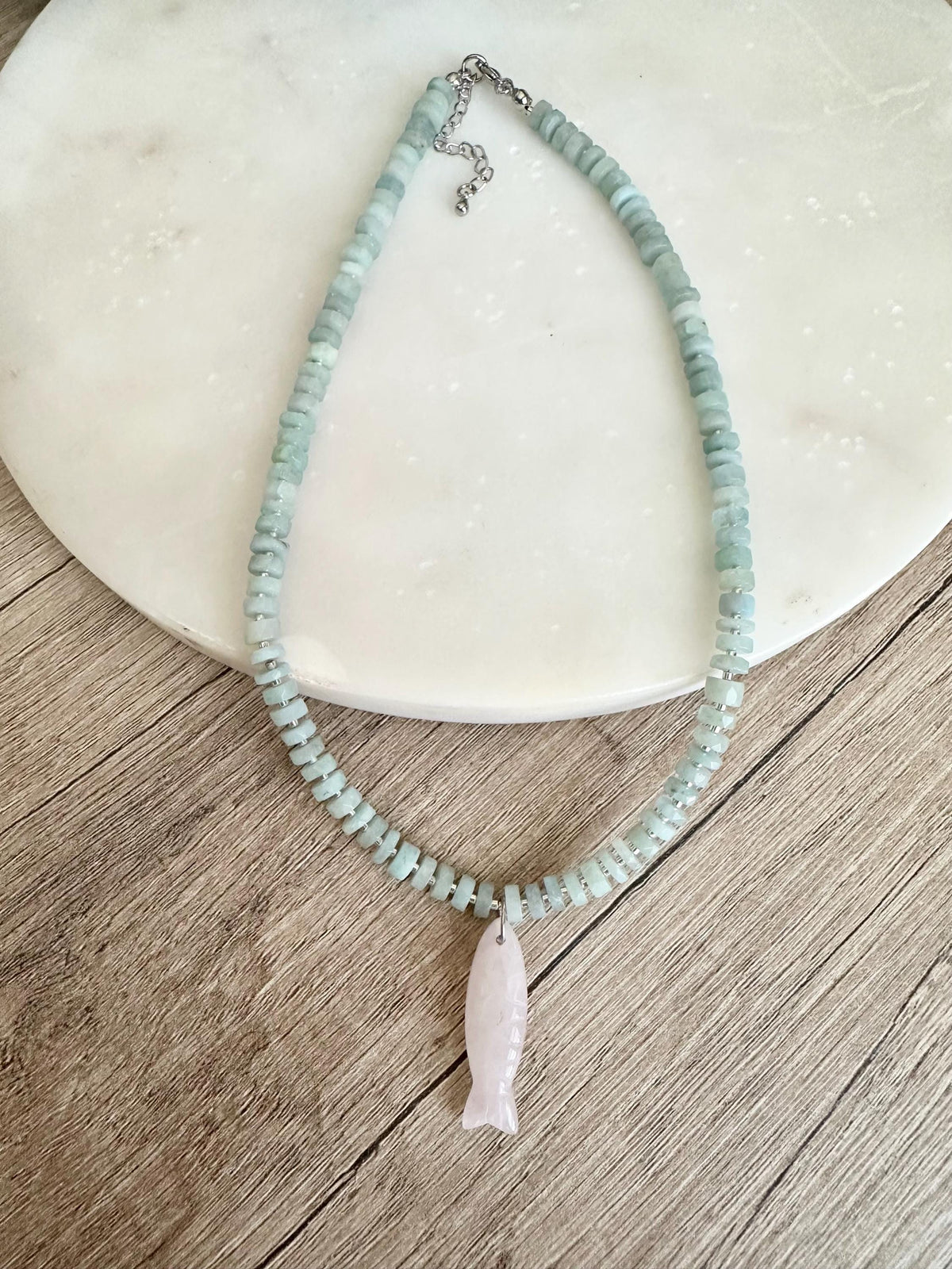 Aquamarine heishi Necklace with Rose Quartz Pendant• Gift for her