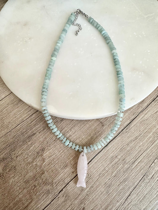 Aquamarine heishi Necklace with Rose Quartz Pendant• Gift for her