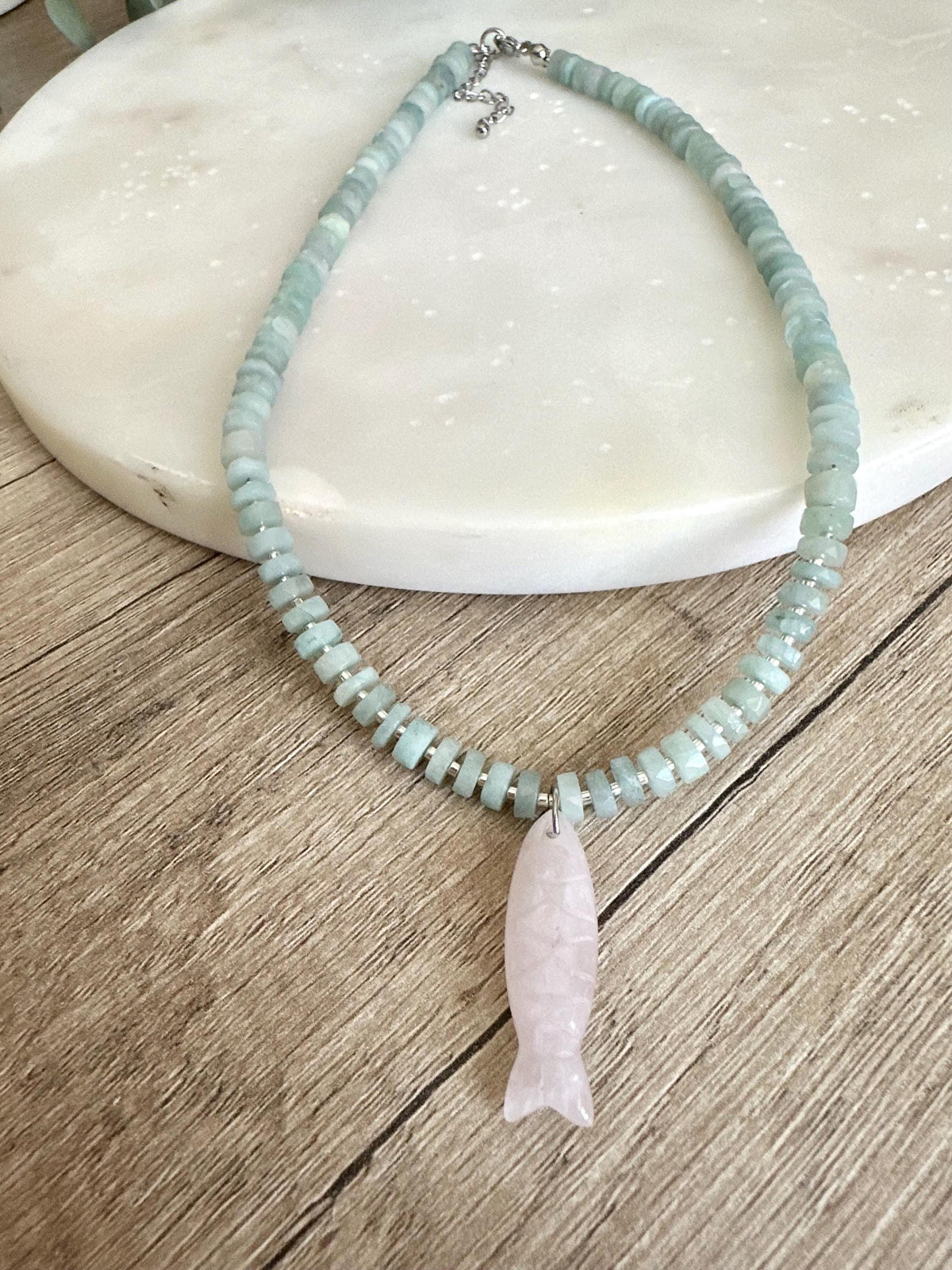 Aquamarine heishi Necklace with Rose Quartz Pendant• Gift for her