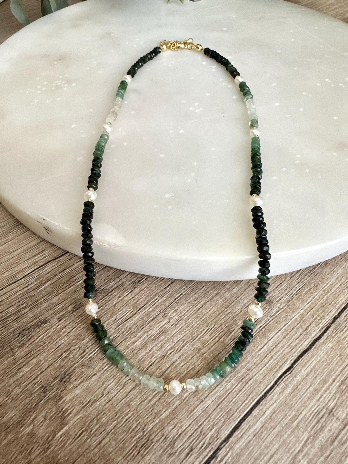 Ombre Emerald Necklace with Freshwater Pearls, Gold Filled Gemstone Necklace, Dainty 16” Layering Jewelry