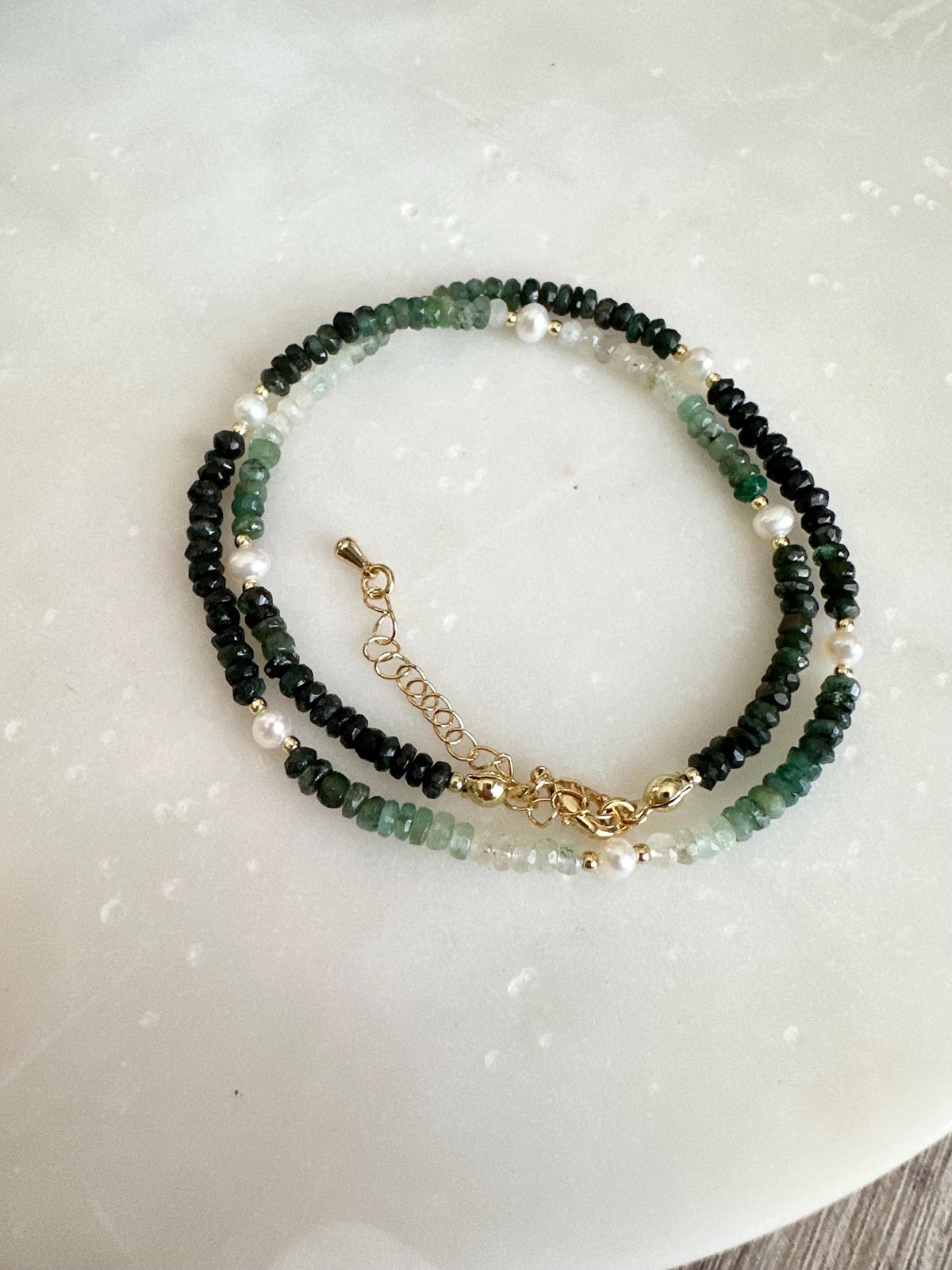 Ombre Emerald Necklace with Freshwater Pearls, Gold Filled Gemstone Necklace, Dainty 16” Layering Jewelry