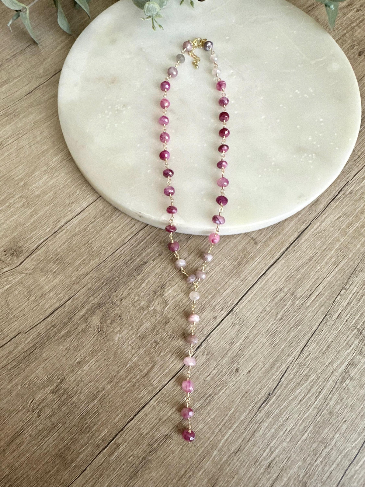 Pink Ombre Moonstone Lariat Necklace, Wire Wrapped Gemstone Necklace, Gold Filled Romantic Jewelry