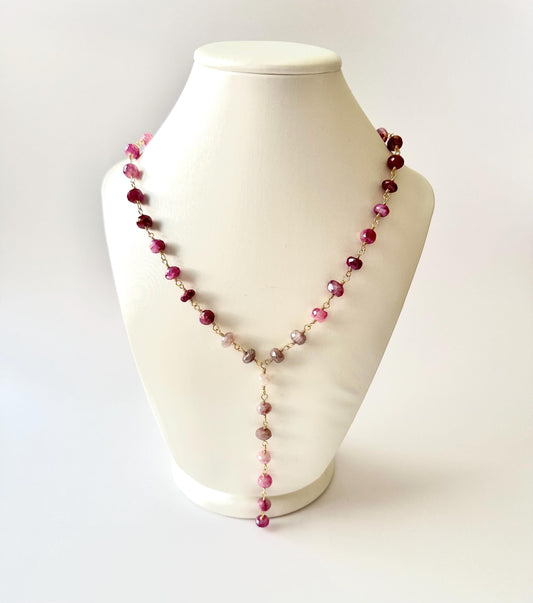 Pink Ombre Moonstone Lariat Necklace, Wire Wrapped Gemstone Necklace, Gold Filled Romantic Jewelry