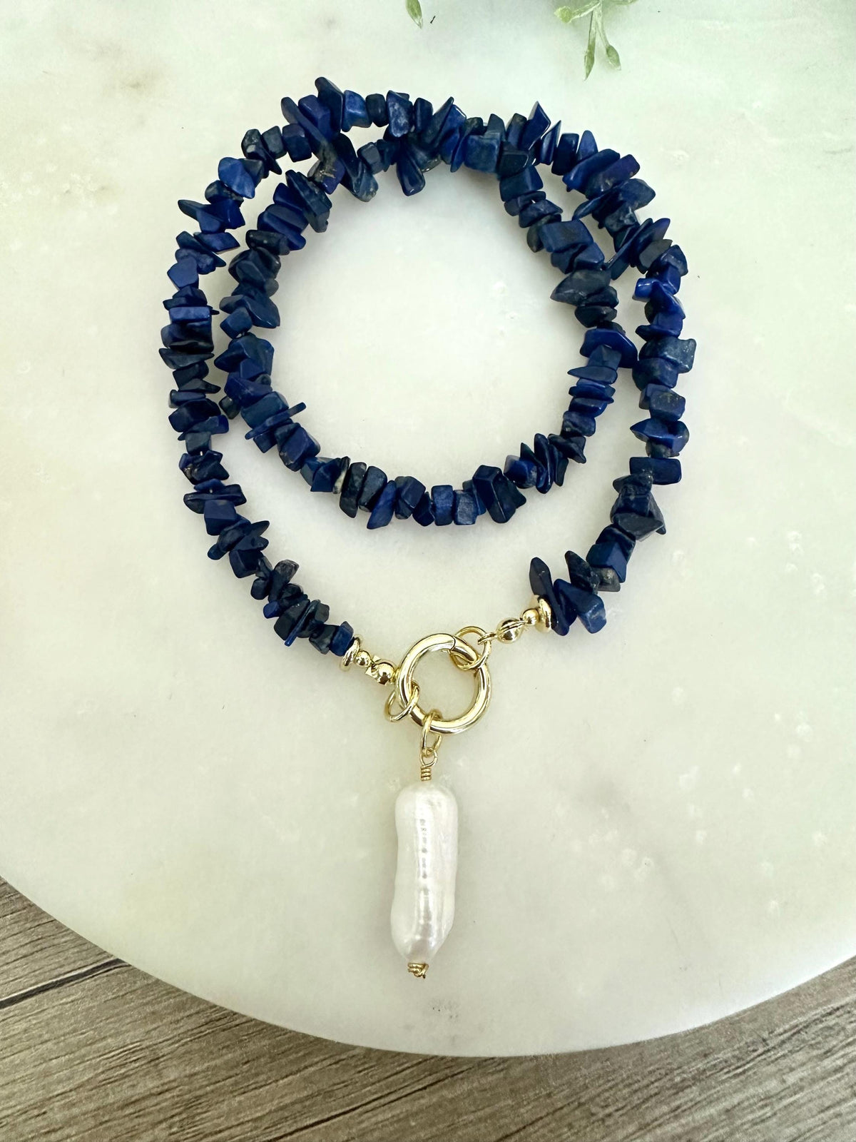Lapis Lazuli Chip Necklace with Freshwater Pearl Pendant, Blue Gemstone Statement Necklace, Gold Filled 18”