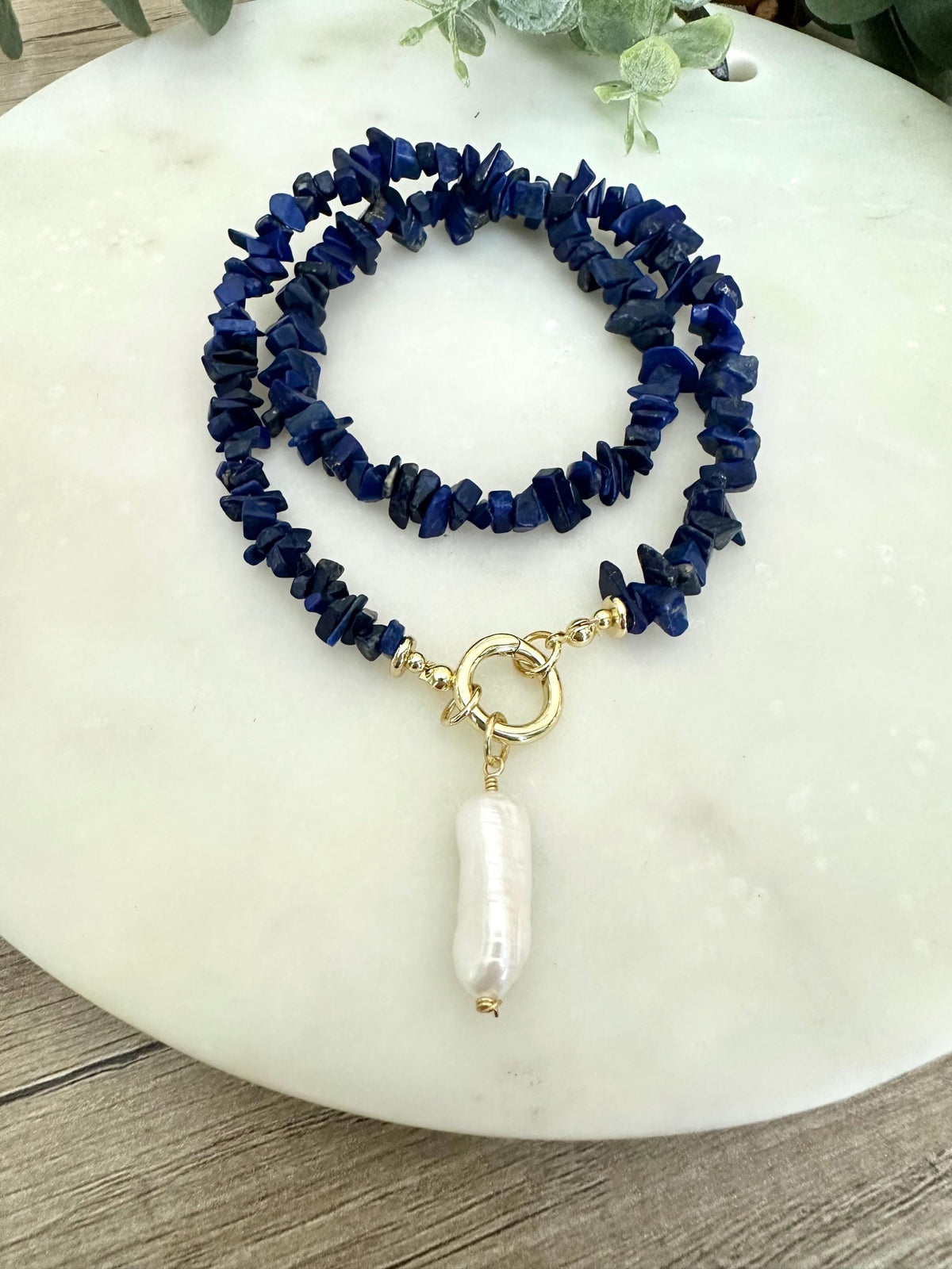 Lapis Lazuli Chip Necklace with Freshwater Pearl Pendant, Blue Gemstone Statement Necklace, Gold Filled 18”