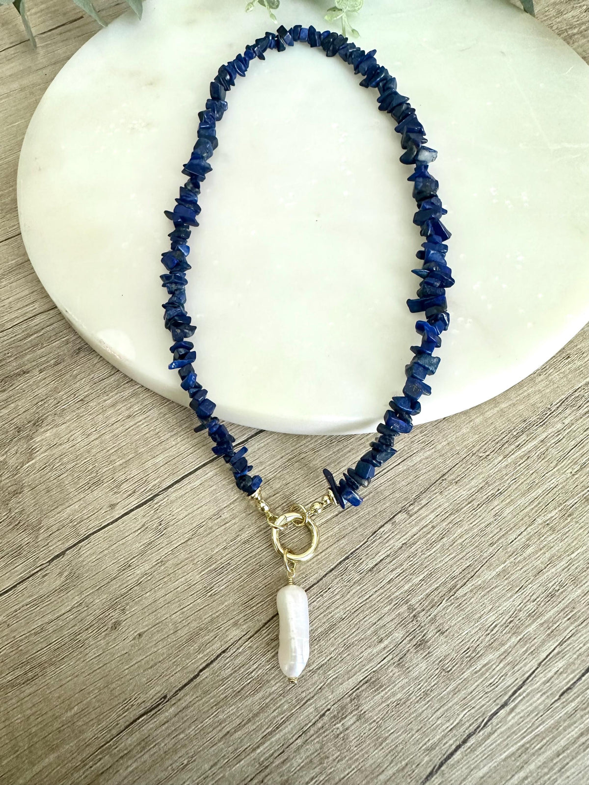 Lapis Lazuli Chip Necklace with Freshwater Pearl Pendant, Blue Gemstone Statement Necklace, Gold Filled 18”