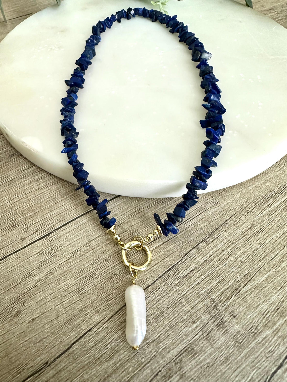 Lapis Lazuli Chip Necklace with Freshwater Pearl Pendant, Blue Gemstone Statement Necklace, Gold Filled 18”