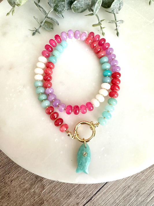 Multicolor Jade Necklace with Amazonite Fish Pendant | Gold Filled | 16–18”