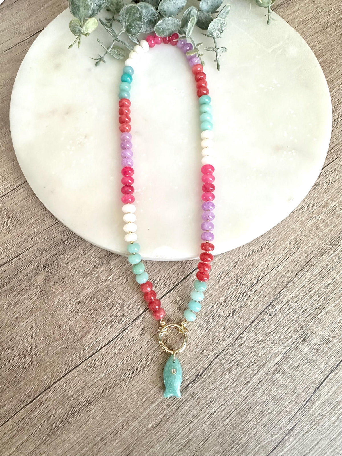 Multicolor Jade Necklace with Amazonite Fish Pendant | Gold Filled | 16–18”