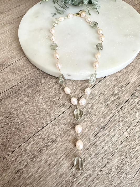 Green Amethyst and Freshwater Pearl Lariat Necklace • Hand Wire Wrapped Bridal Jewelry