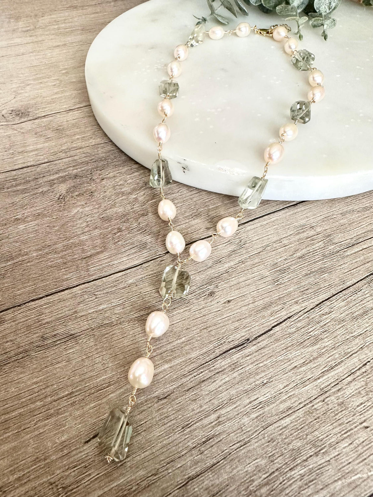 Green Amethyst and Freshwater Pearl Lariat Necklace • Hand Wire Wrapped Bridal Jewelry