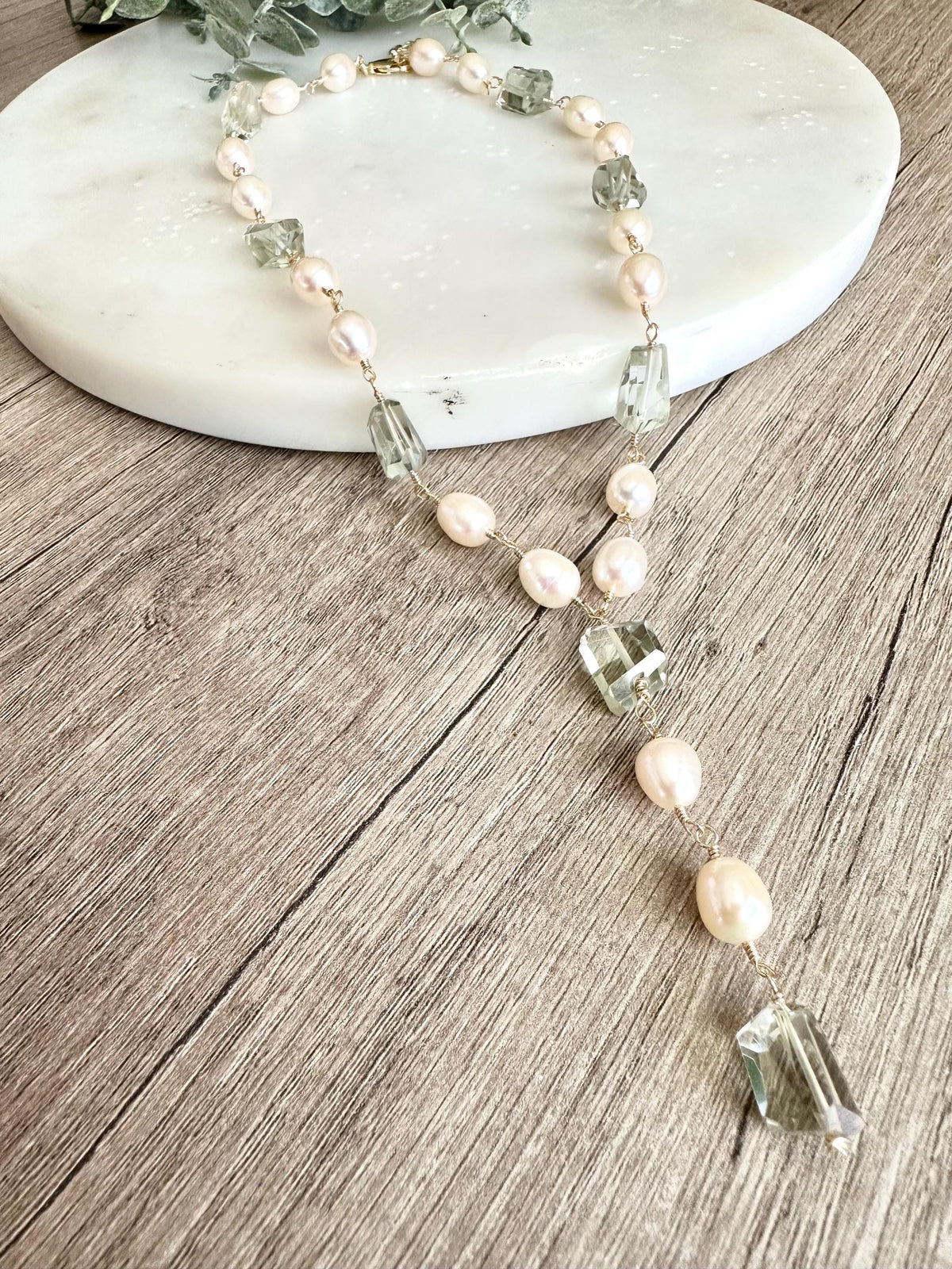 Green Amethyst and Freshwater Pearl Lariat Necklace • Hand Wire Wrapped Bridal Jewelry