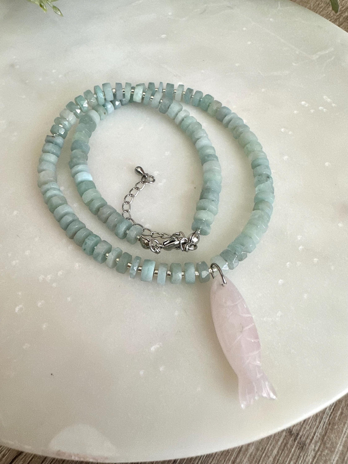 Aquamarine heishi Necklace with Rose Quartz Pendant• Gift for her