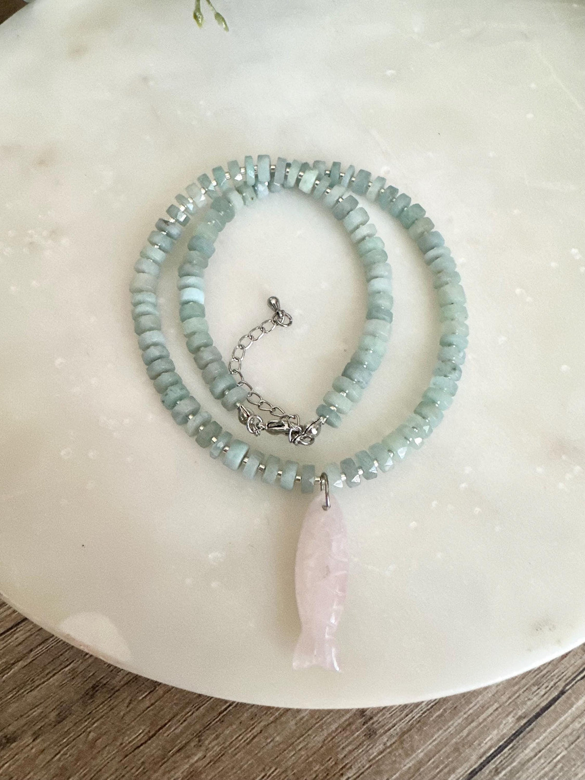 Aquamarine heishi Necklace with Rose Quartz Pendant• Gift for her