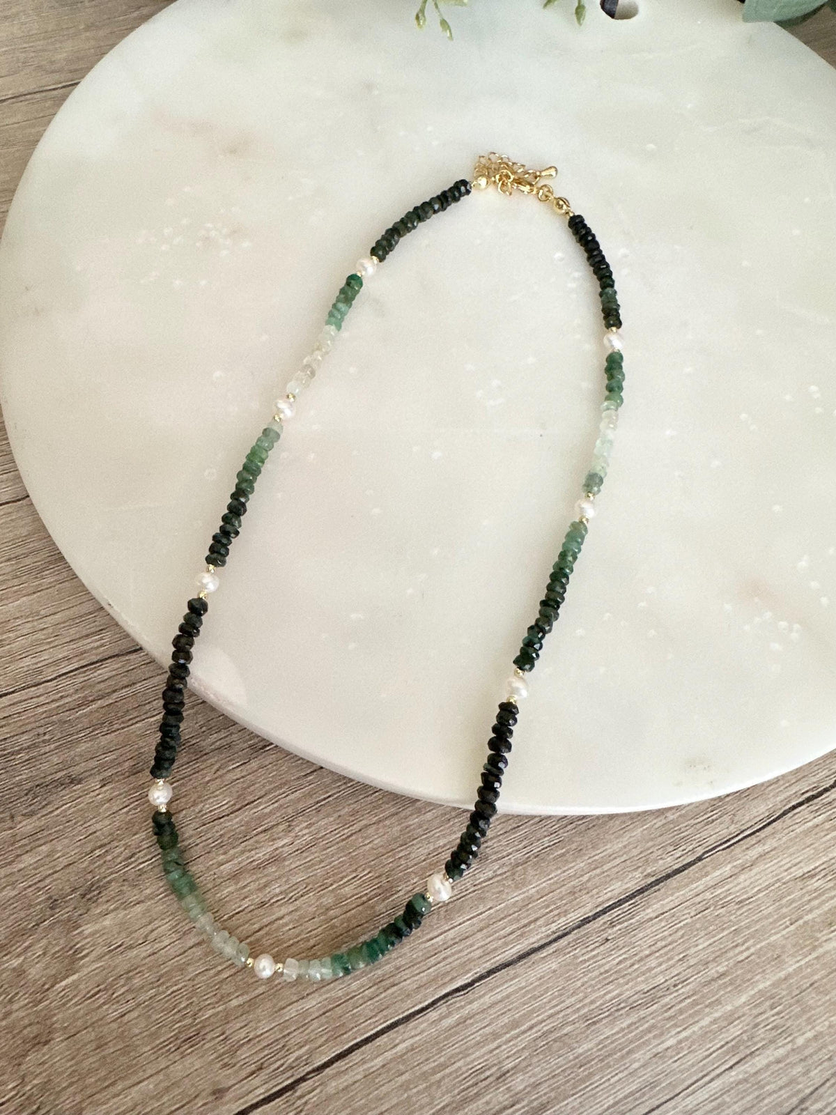 Ombre Emerald Necklace with Freshwater Pearls, Gold Filled Gemstone Necklace, Dainty 16” Layering Jewelry
