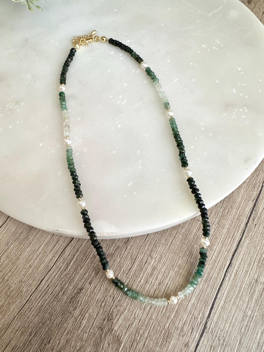Ombre Emerald Necklace with Freshwater Pearls, Gold Filled Gemstone Necklace, Dainty 16” Layering Jewelry