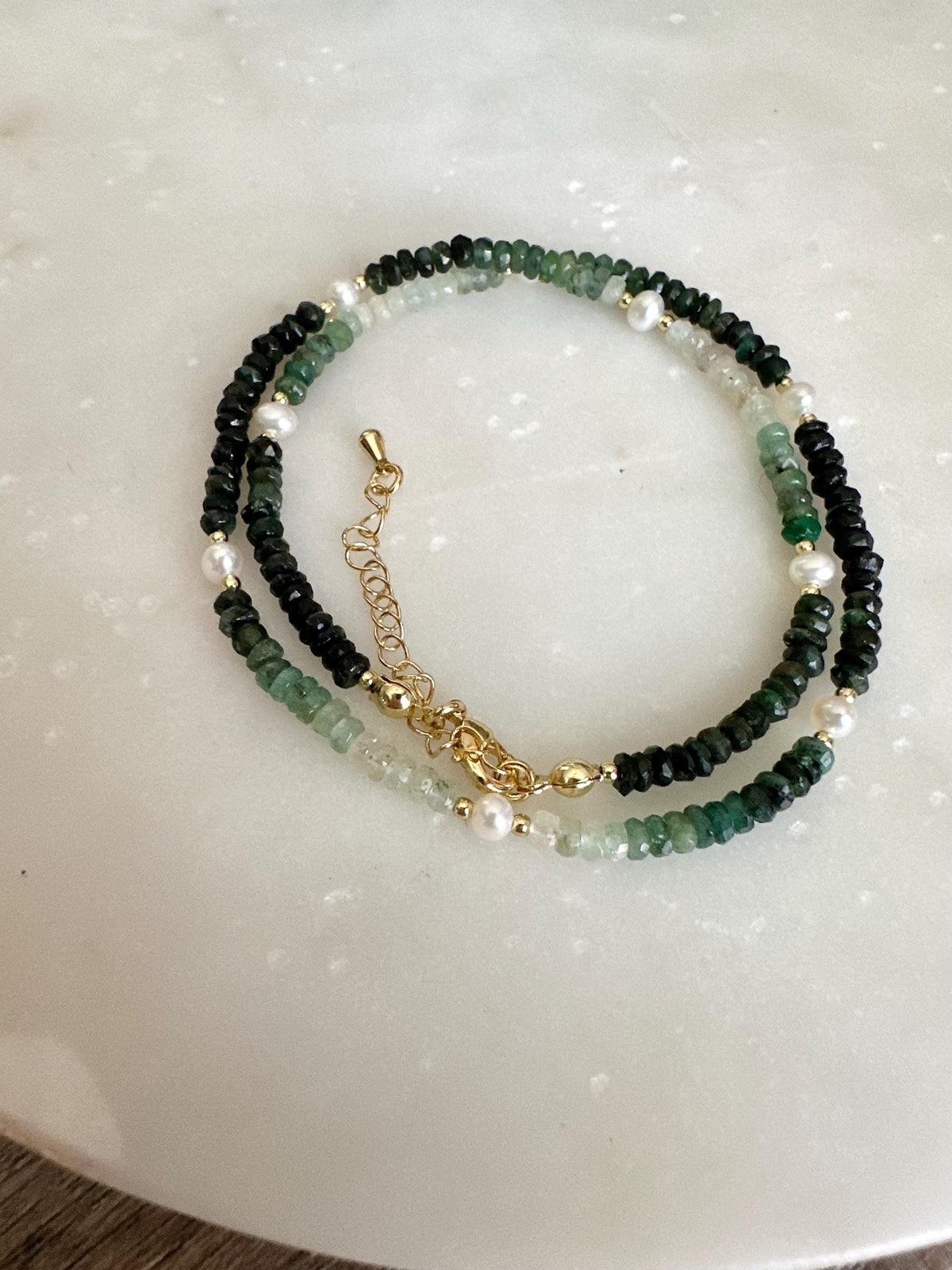 Ombre Emerald Necklace with Freshwater Pearls, Gold Filled Gemstone Necklace, Dainty 16” Layering Jewelry