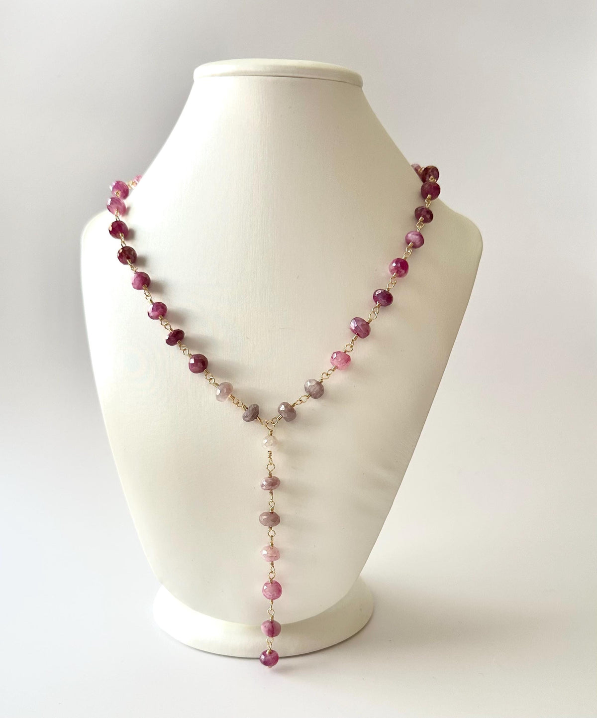 Pink Ombre Moonstone Lariat Necklace, Wire Wrapped Gemstone Necklace, Gold Filled Romantic Jewelry