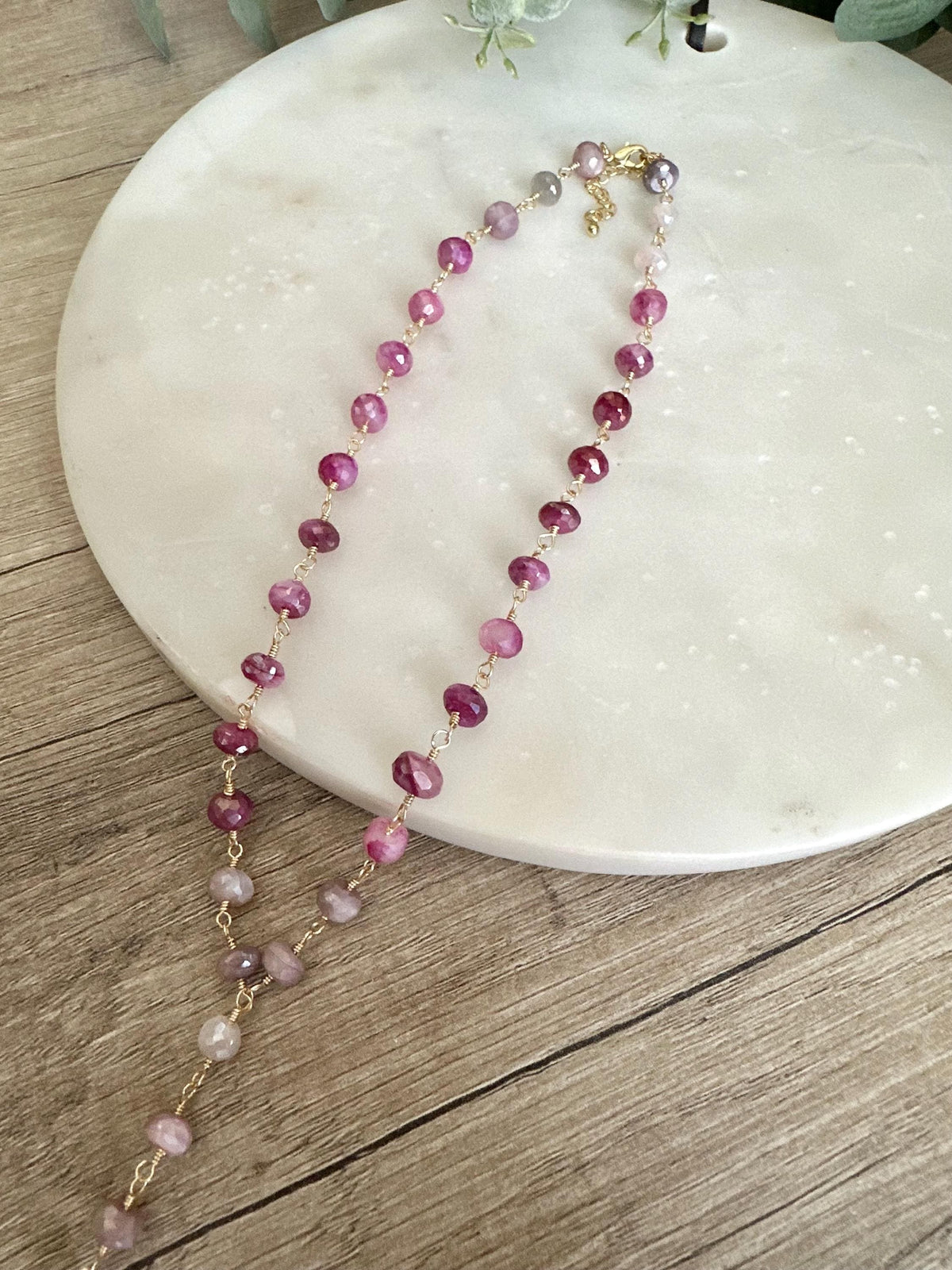 Pink Ombre Moonstone Lariat Necklace, Wire Wrapped Gemstone Necklace, Gold Filled Romantic Jewelry