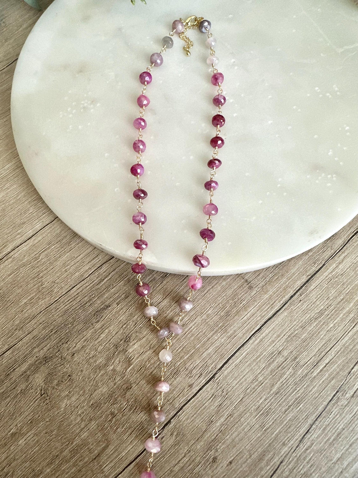 Pink Ombre Moonstone Lariat Necklace, Wire Wrapped Gemstone Necklace, Gold Filled Romantic Jewelry