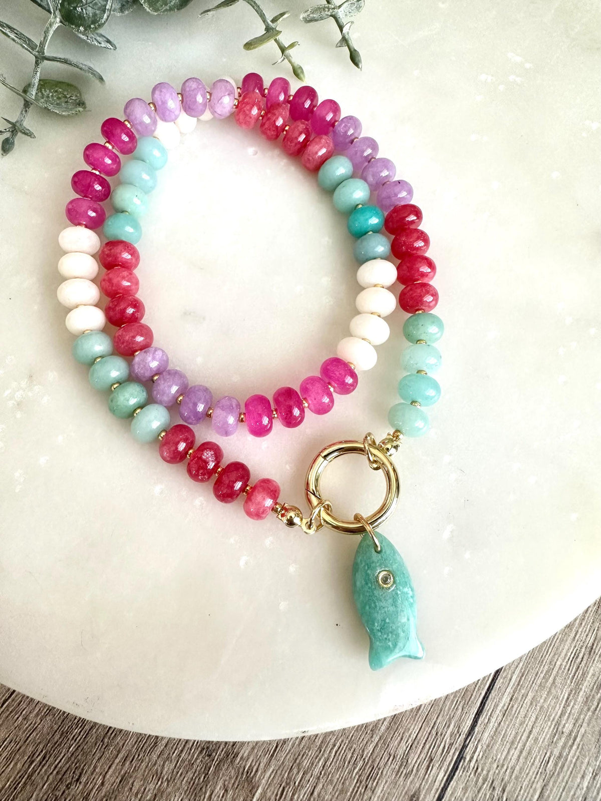 Multicolor Jade Necklace with Amazonite Fish Pendant | Gold Filled | 16–18”