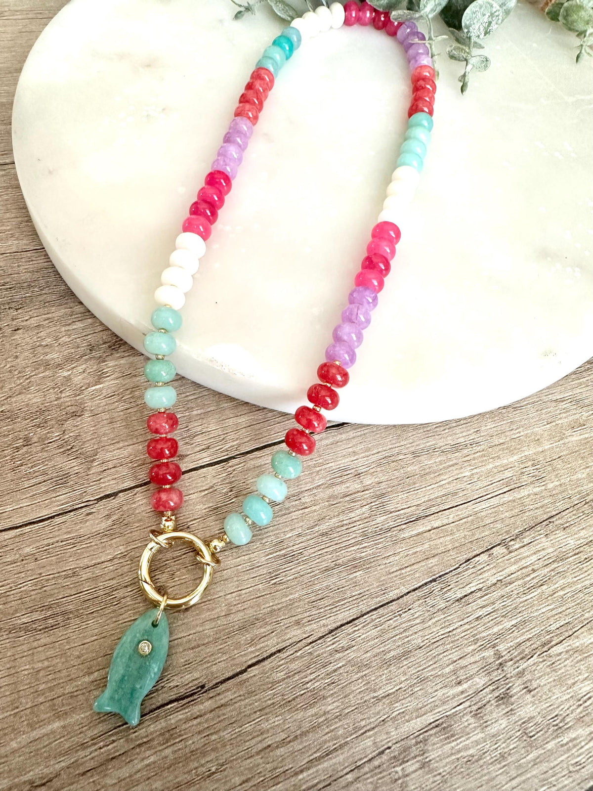 Multicolor Jade Necklace with Amazonite Fish Pendant | Gold Filled | 16–18”