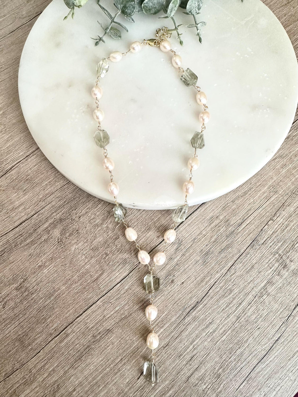 Green Amethyst and Freshwater Pearl Lariat Necklace • Hand Wire Wrapped Bridal Jewelry