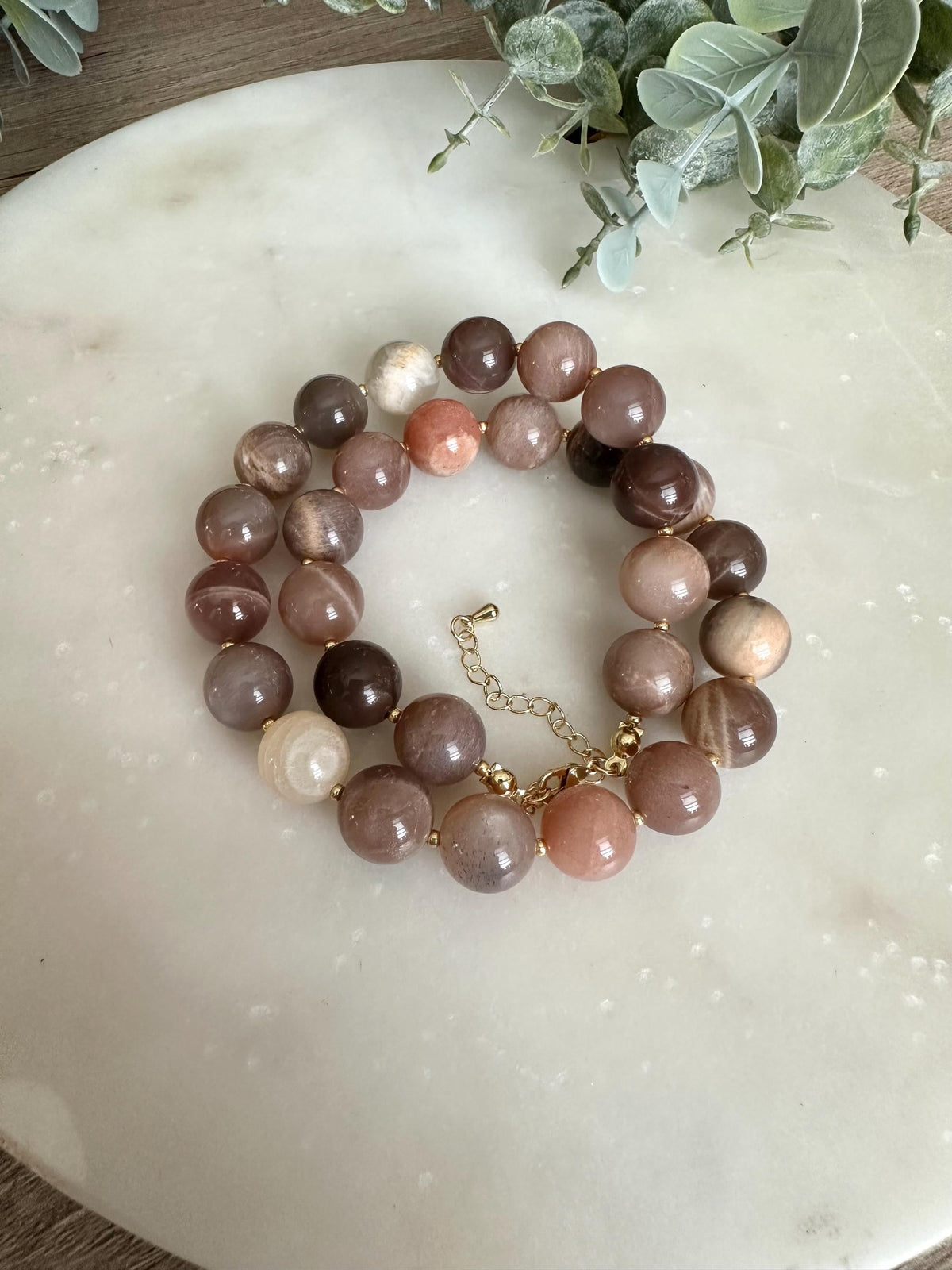 Multi Color Moonstone Necklace, 12mm Moonstone Beaded Necklace, Gold Filled Clasp, Neutral Statement Jewelry