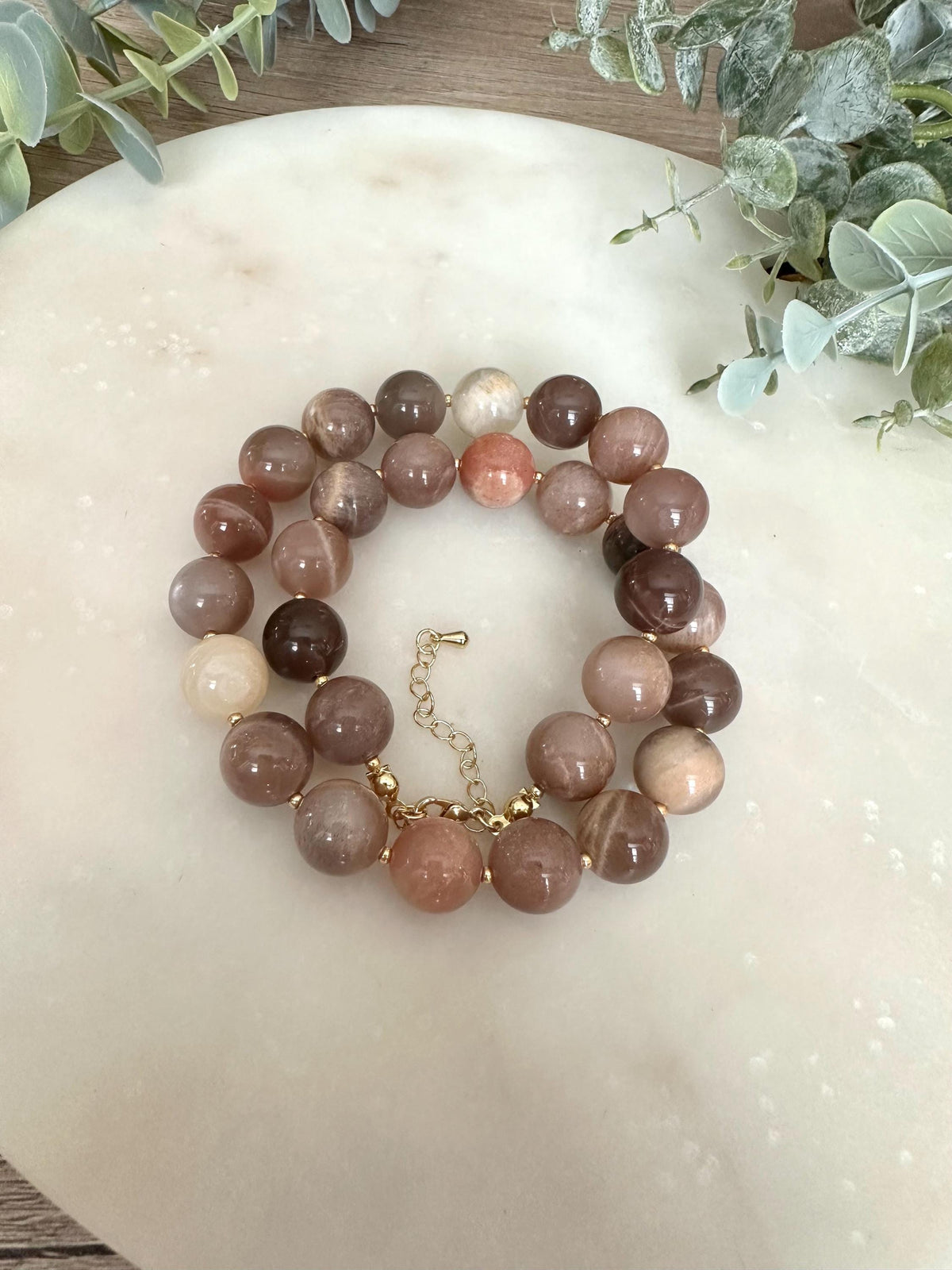 Multi Color Moonstone Necklace, 12mm Moonstone Beaded Necklace, Gold Filled Clasp, Neutral Statement Jewelry