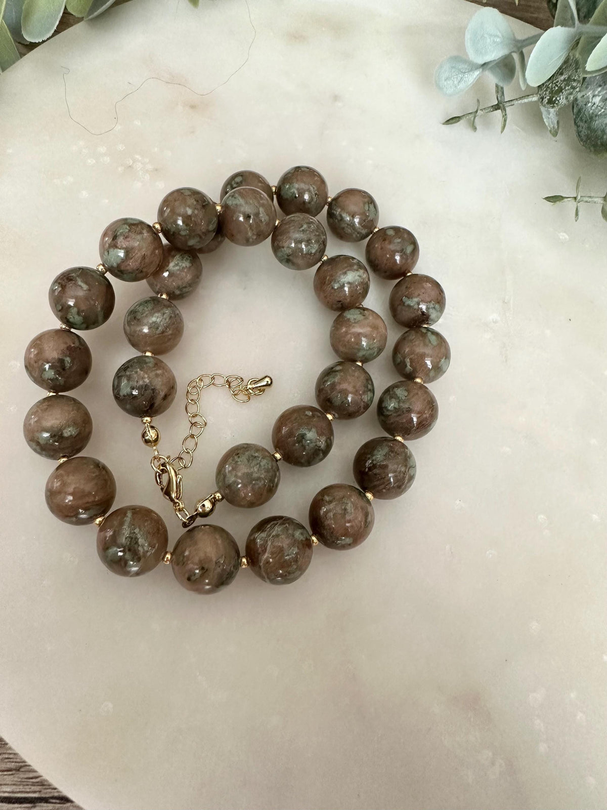 Nundurite Necklace 12mm, Chunky Neutral Beaded Necklace, Earthy Statement Jewelry, Gold Filled Clasp