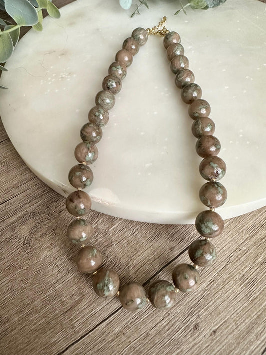 Nundurite Necklace 12mm, Chunky Neutral Beaded Necklace, Earthy Statement Jewelry, Gold Filled Clasp