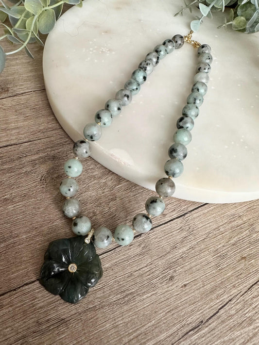 Kiwi Jasper Statement Necklace with Labradorite Flower Pendant, 10mm Green Gemstone Necklace, Gold Filled