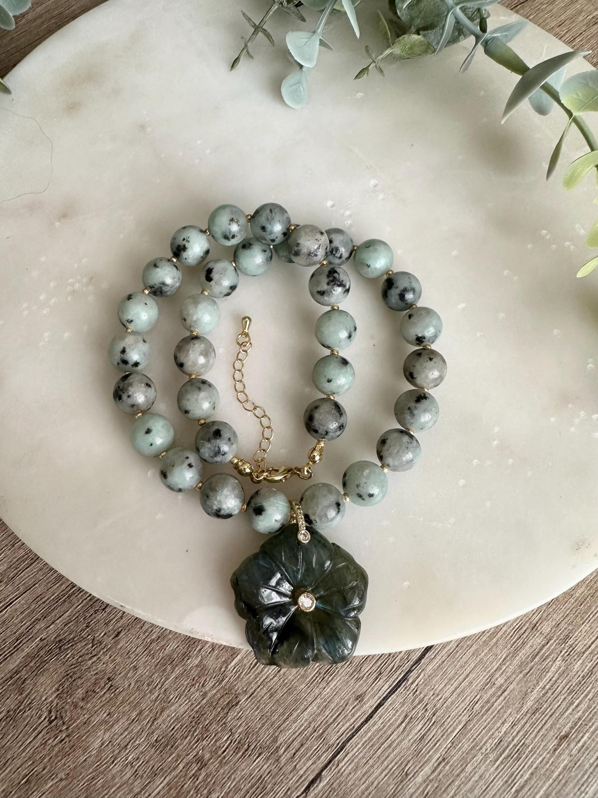Kiwi Jasper Statement Necklace with Labradorite Flower Pendant, 10mm Green Gemstone Necklace, Gold Filled