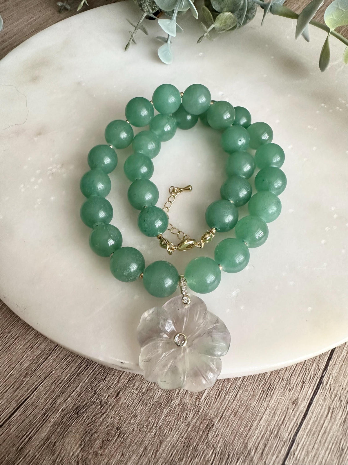 Green Aventurine Statement Necklace with Fluorite Flower Pendant, 12mm Green Gemstone Necklace, Gold Filled