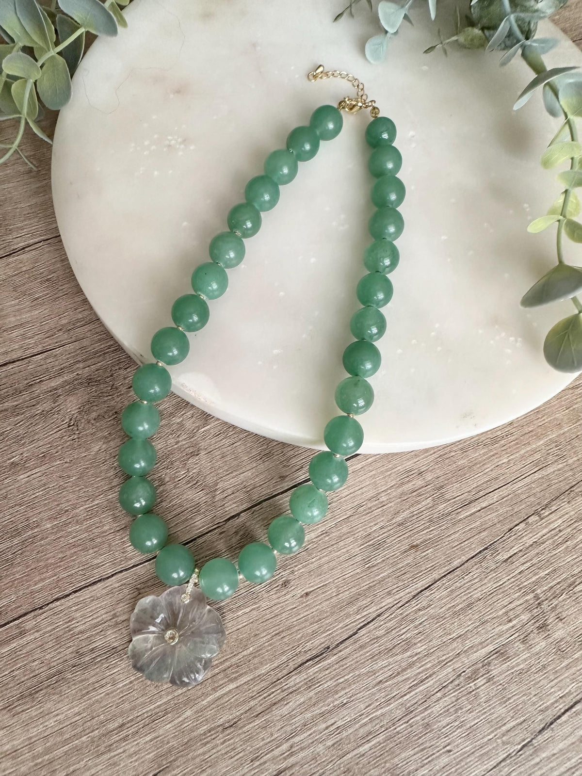 Green Aventurine Statement Necklace with Fluorite Flower Pendant, 12mm Green Gemstone Necklace, Gold Filled