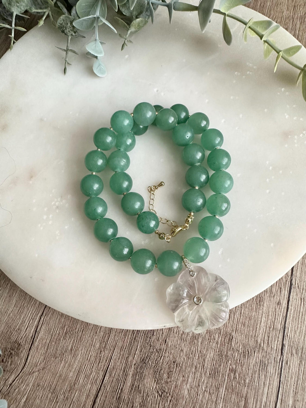 Green Aventurine Statement Necklace with Fluorite Flower Pendant, 12mm Green Gemstone Necklace, Gold Filled