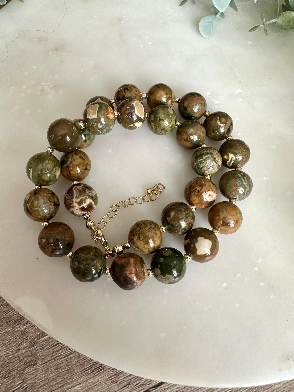 Rainforest Jasper Necklace (Rhyolite), 12mm Natural Gemstone Necklace, Green Brown Statement Necklace, Gold Filled