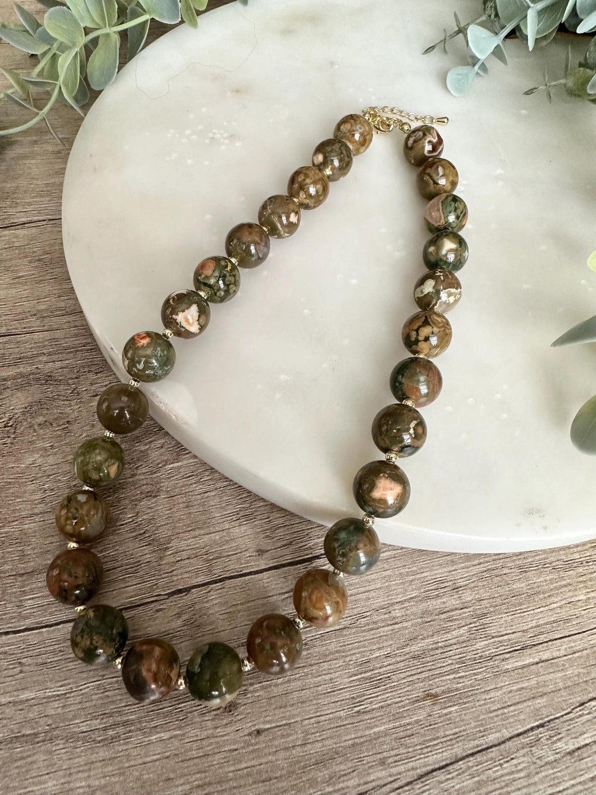 Rainforest Jasper Necklace (Rhyolite), 12mm Natural Gemstone Necklace, Green Brown Statement Necklace, Gold Filled