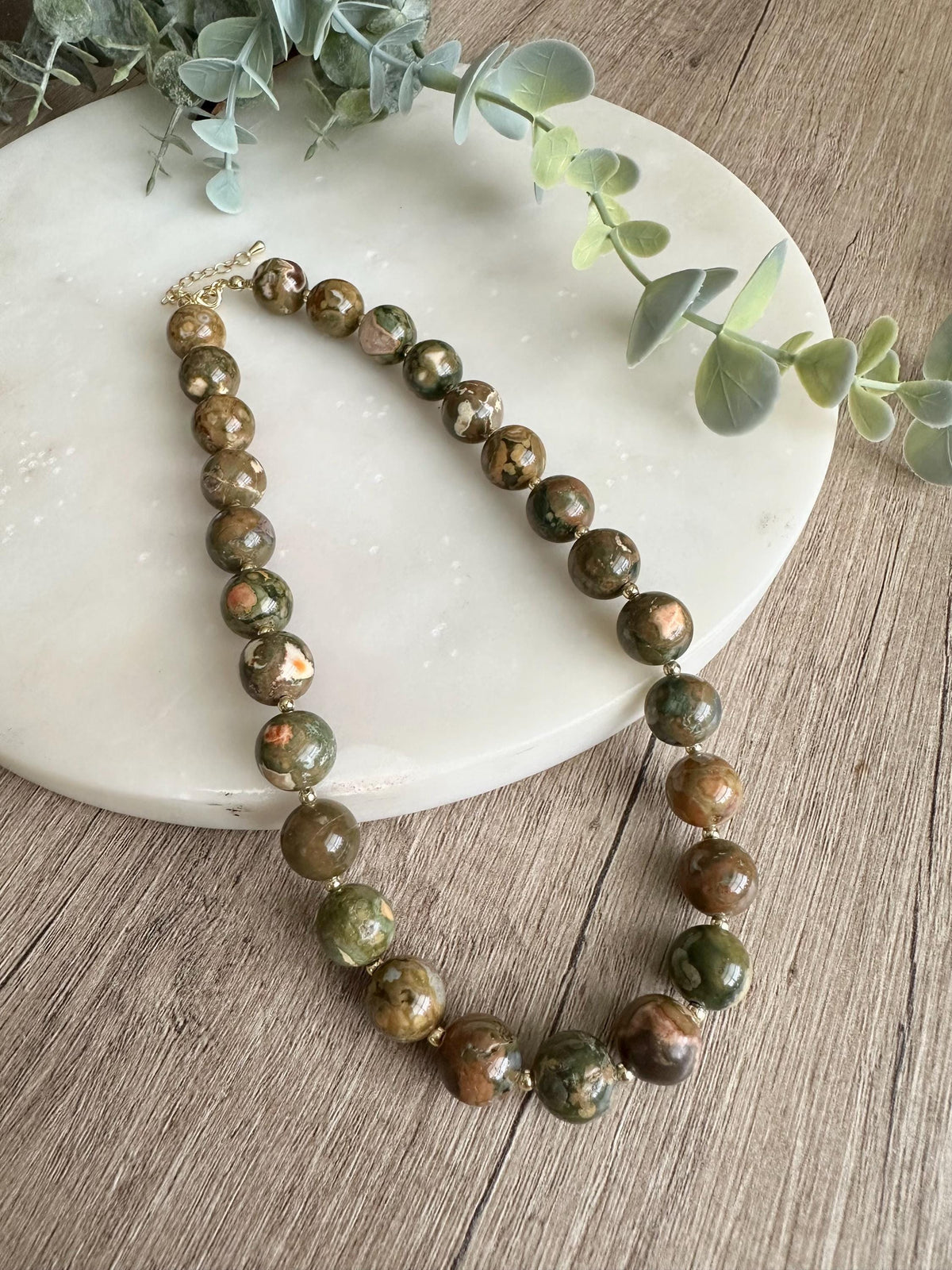 Rainforest Jasper Necklace (Rhyolite), 12mm Natural Gemstone Necklace, Green Brown Statement Necklace, Gold Filled