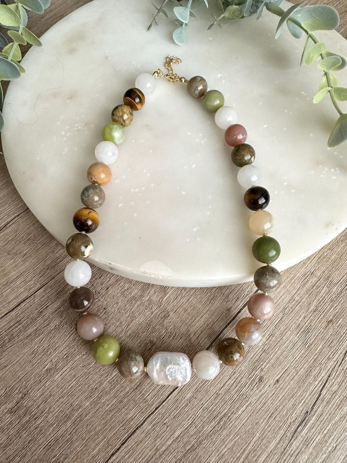 Mixed Gemstone Statement Necklace with Baroque Pearl, 12mm Natural Stone Necklace, One of a Kind Jewelry, Gold Filled