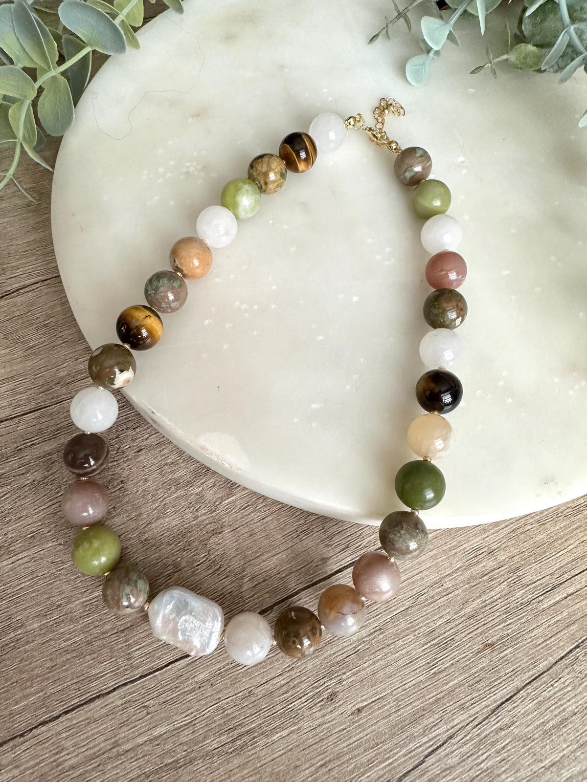 Mixed Gemstone Statement Necklace with Baroque Pearl, 12mm Natural Stone Necklace, One of a Kind Jewelry, Gold Filled