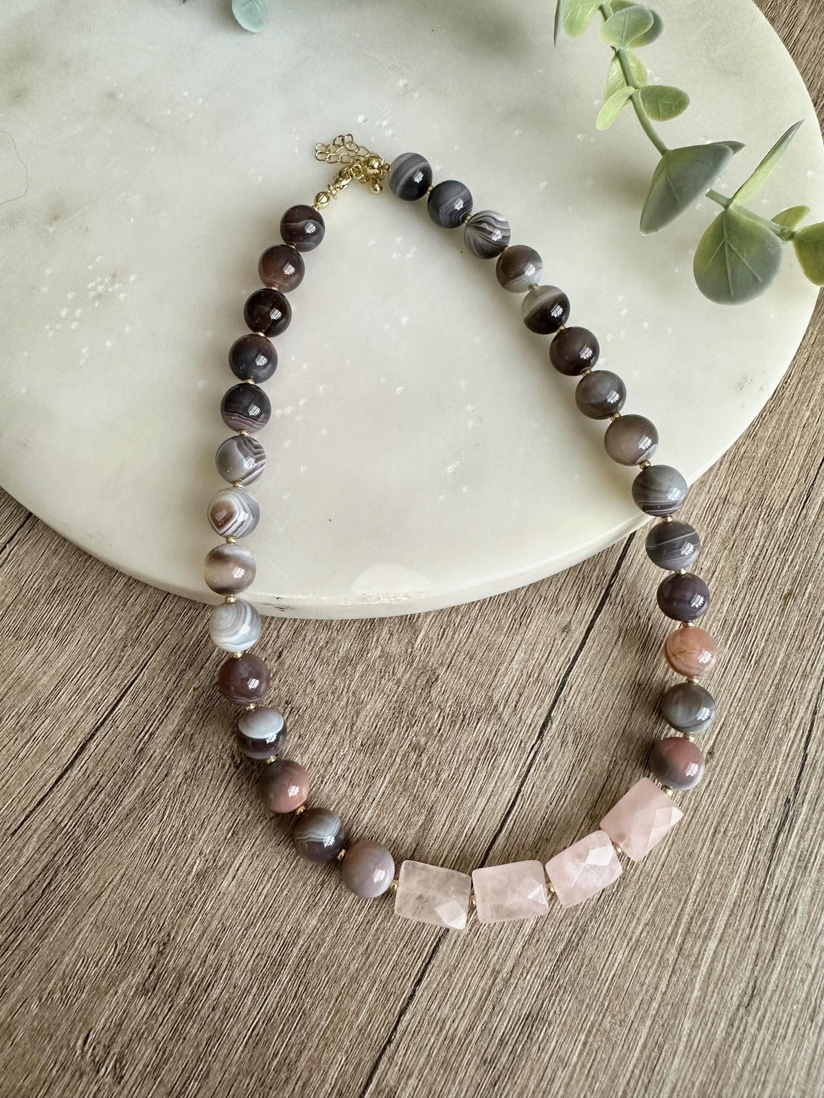 Botswana Agate Necklace with Rose Quartz Squares, 10mm Natural Gemstone Necklace, Grey Pink Statement Necklace, Gold Filled