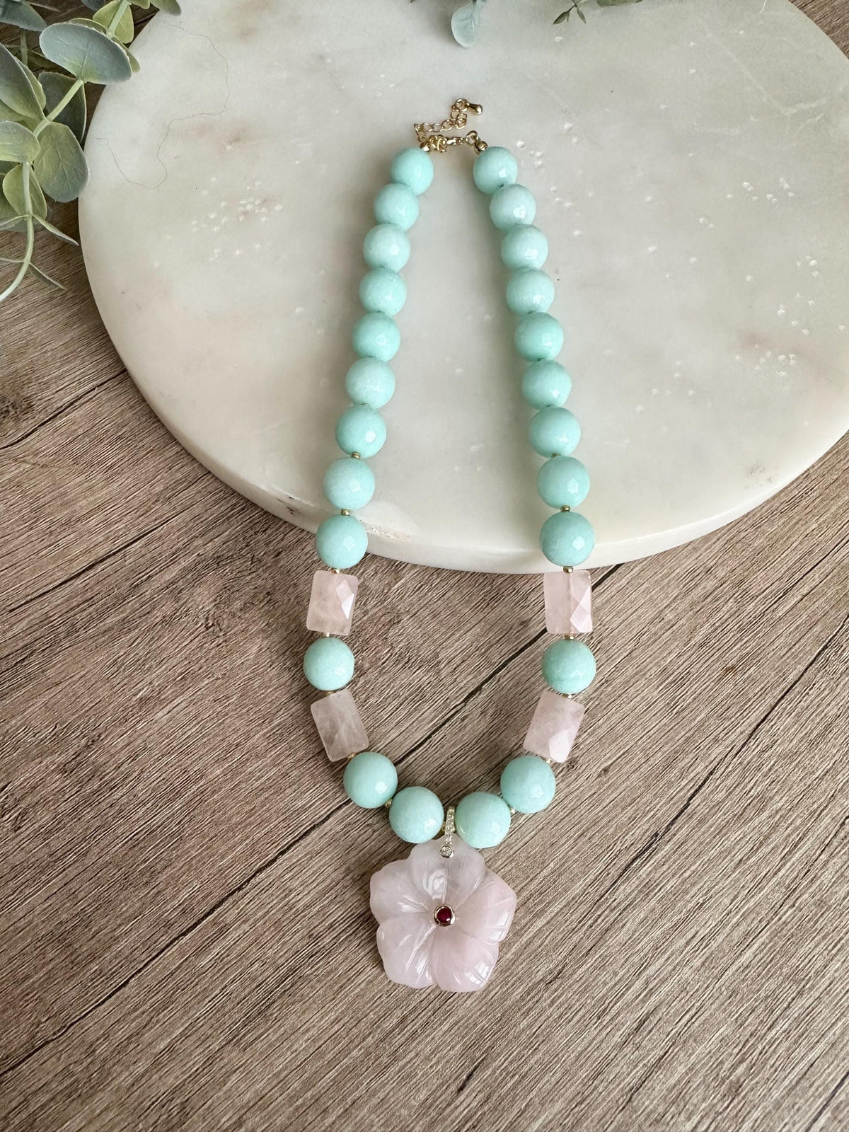 Mint Green Jade with Rose Quartz Statement Necklace with Rose Quartz Flower Pendant, 12 mm Green and Pink Necklace