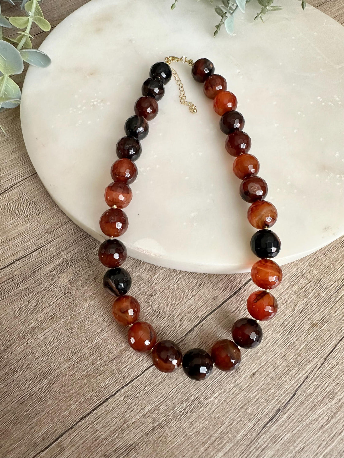 Burnt Caramel Lace Agate Necklace 14mm Faceted Beads, Statement Gemstone Necklace, Gold Filled, Earth Tone Jewelry