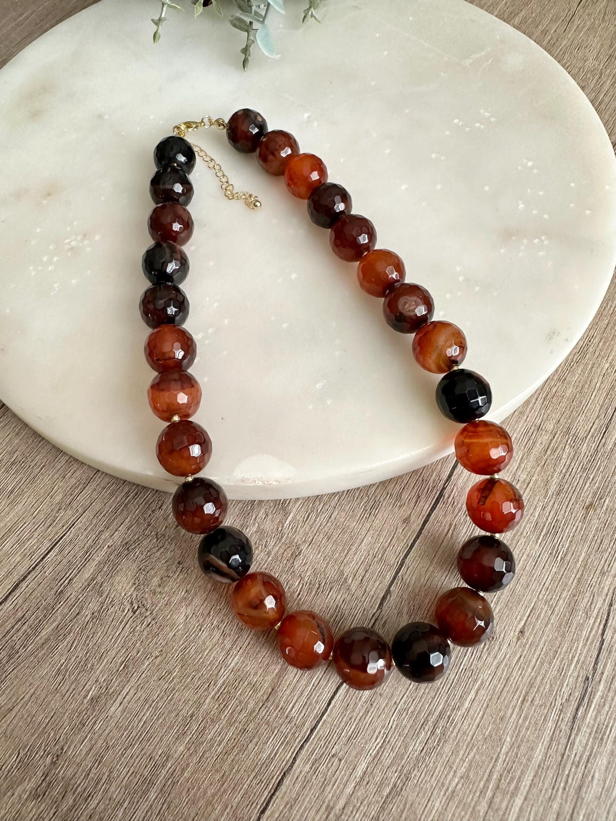 Burnt Caramel Lace Agate Necklace 14mm Faceted Beads, Statement Gemstone Necklace, Gold Filled, Earth Tone Jewelry