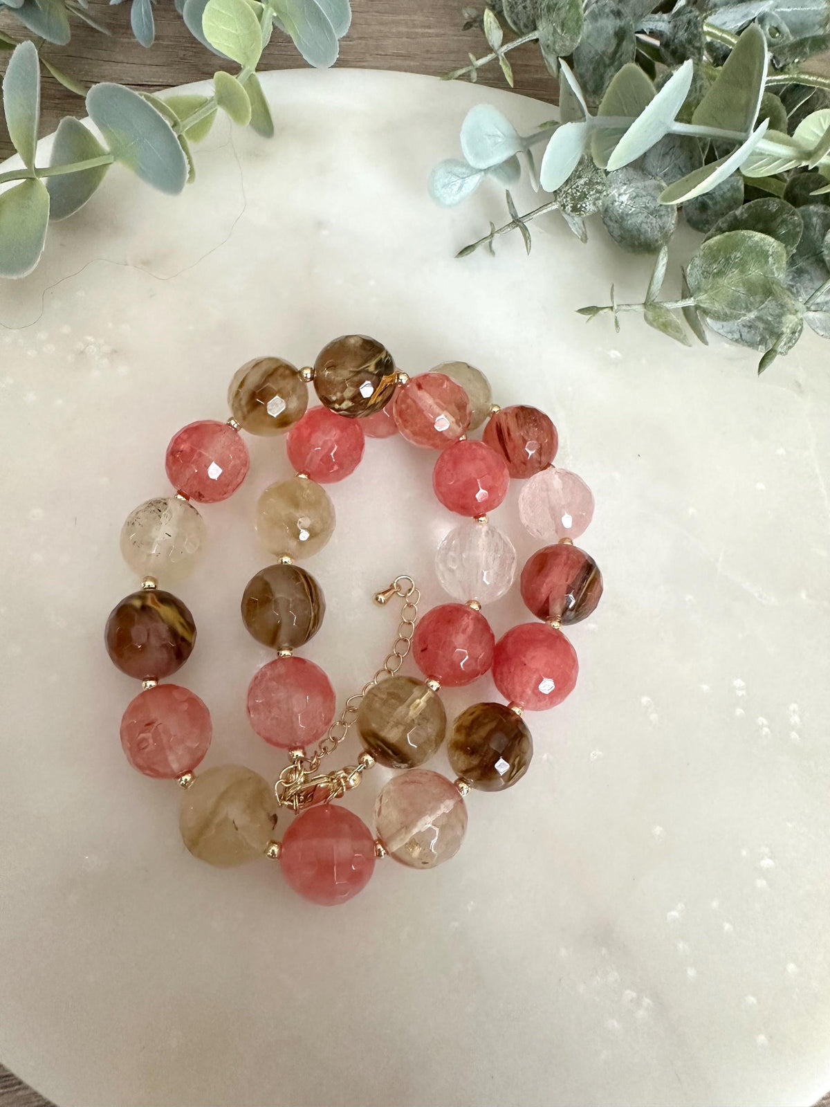 Cherry Quartz Necklace 14mm Faceted Beads, Pink Statement Gemstone Necklace, Gold Filled, Romantic Jewelry, Blush Tone Necklace
