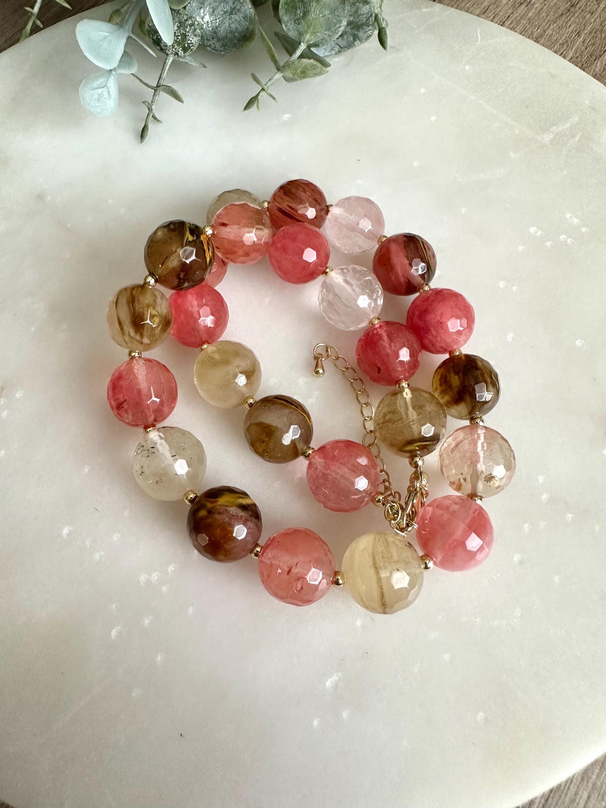Cherry Quartz Necklace 14mm Faceted Beads, Pink Statement Gemstone Necklace, Gold Filled, Romantic Jewelry, Blush Tone Necklace
